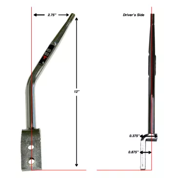 12" Chrome Round Shifter Handle Layback and Offset - SLG-00310 Dimensions
